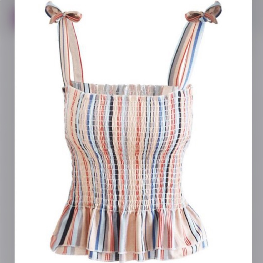 Coffee Stripe Smocked Ruffle-Hem Tank